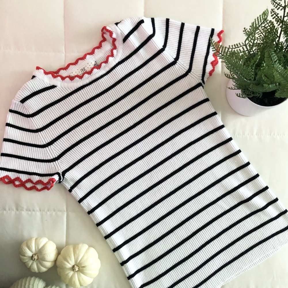 Pink Rose Stripped Ribbed Short Sleeve Top